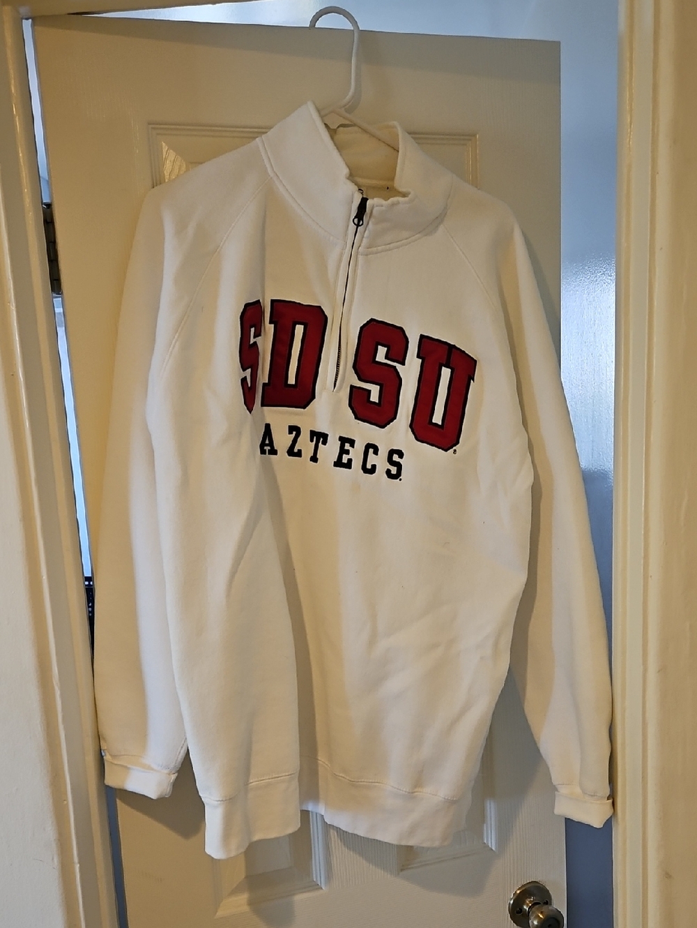 White Quarter-Zip Sweatshirt with Red SDSU Applique